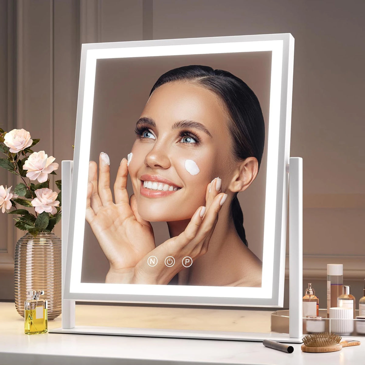 Hollywood Lighted Makeup Mirror | 3-Color Dimmable, 360° Rotation Lighted Vanity Mirror QXL White