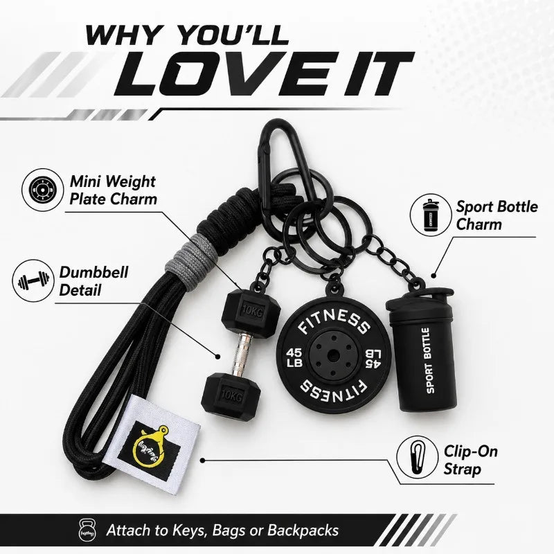 Fitness Keychain | Dumbbell, Weight Plate & Bottle Charms Novelty Keychain QXL