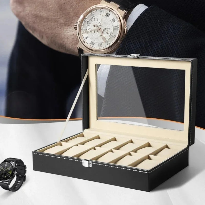6/12 Slot PU Leather Watch Box with Glass Top Display Case Watch Display Box QXL