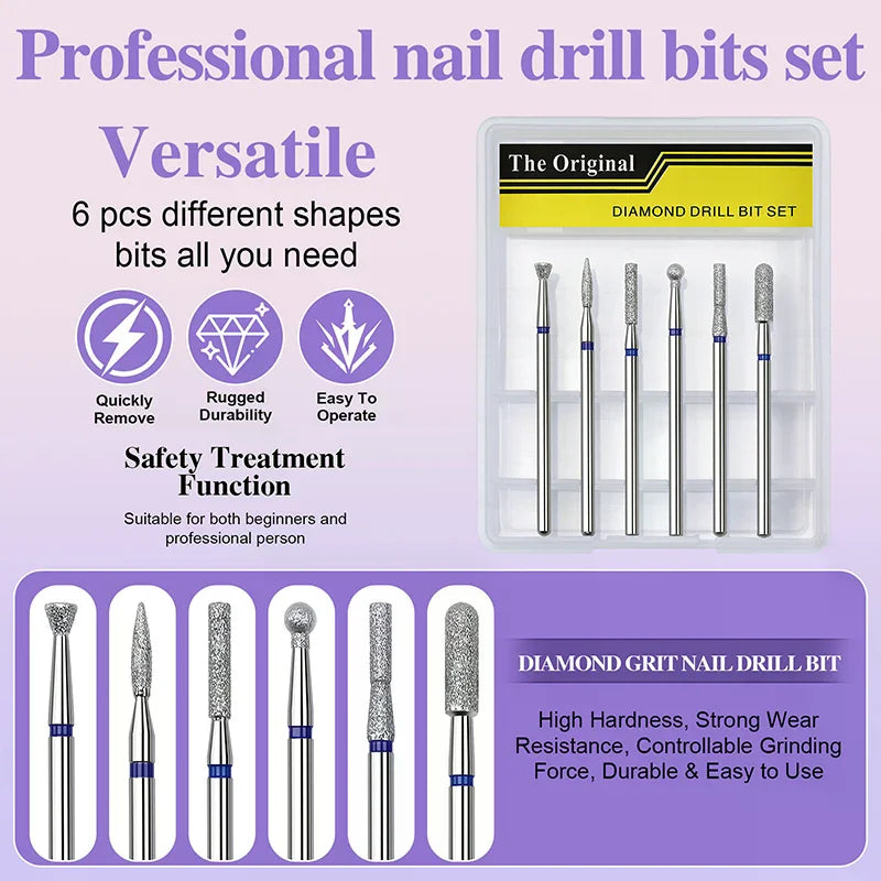 6-Piece Diamond Nail Drill Bits | Cone Tip Cuticle Set Nail Drill Bit Set QXL