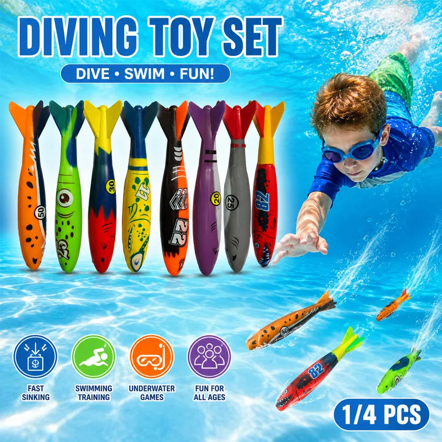 Sinking Diving Pool Toy Set | Torpedo Shark Rocket 1/4/8 Pc Diving Pool Toy Set QXL