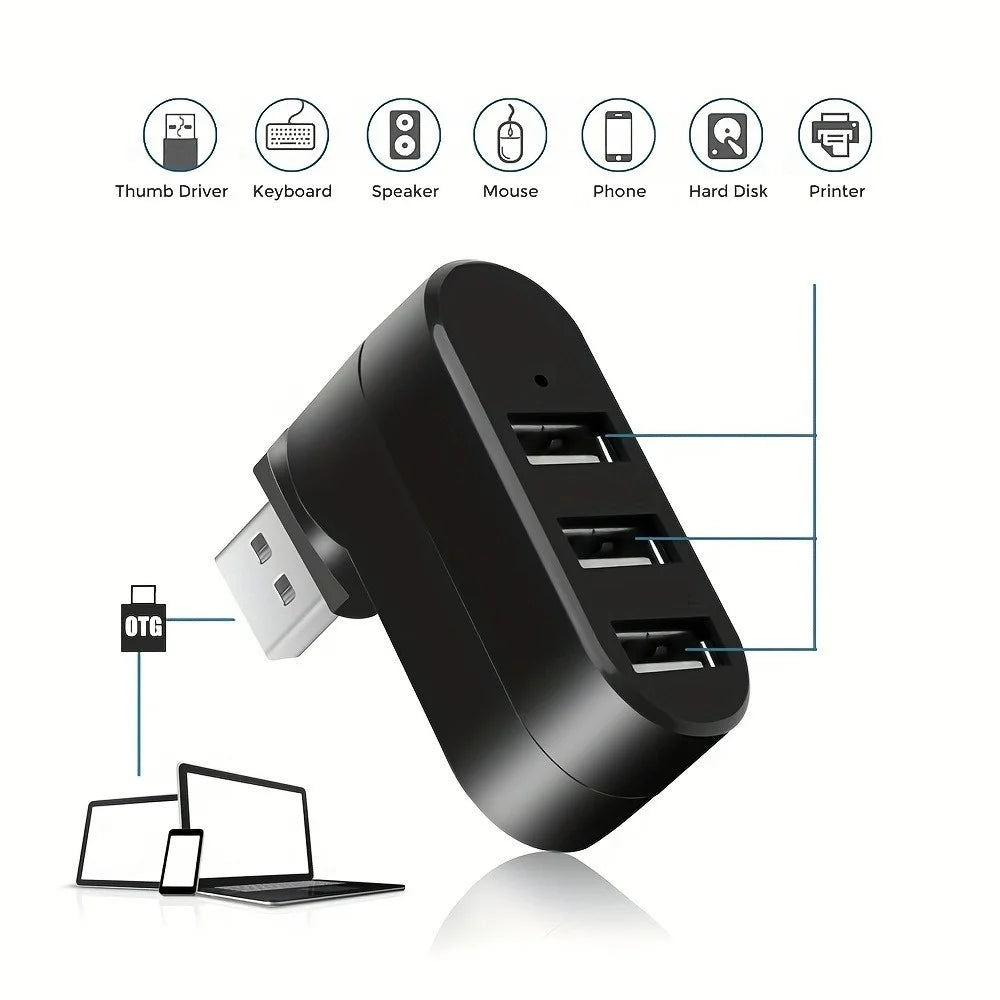 USB 2.0 Hub 3-Port 180° Rotatable Splitter Adapter | Plug & Play USB Hub QXL