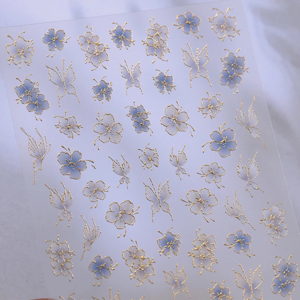 5D Botanical Floral Nail Stickers | Black White Gold Decals Nail Art Stickers QXL
