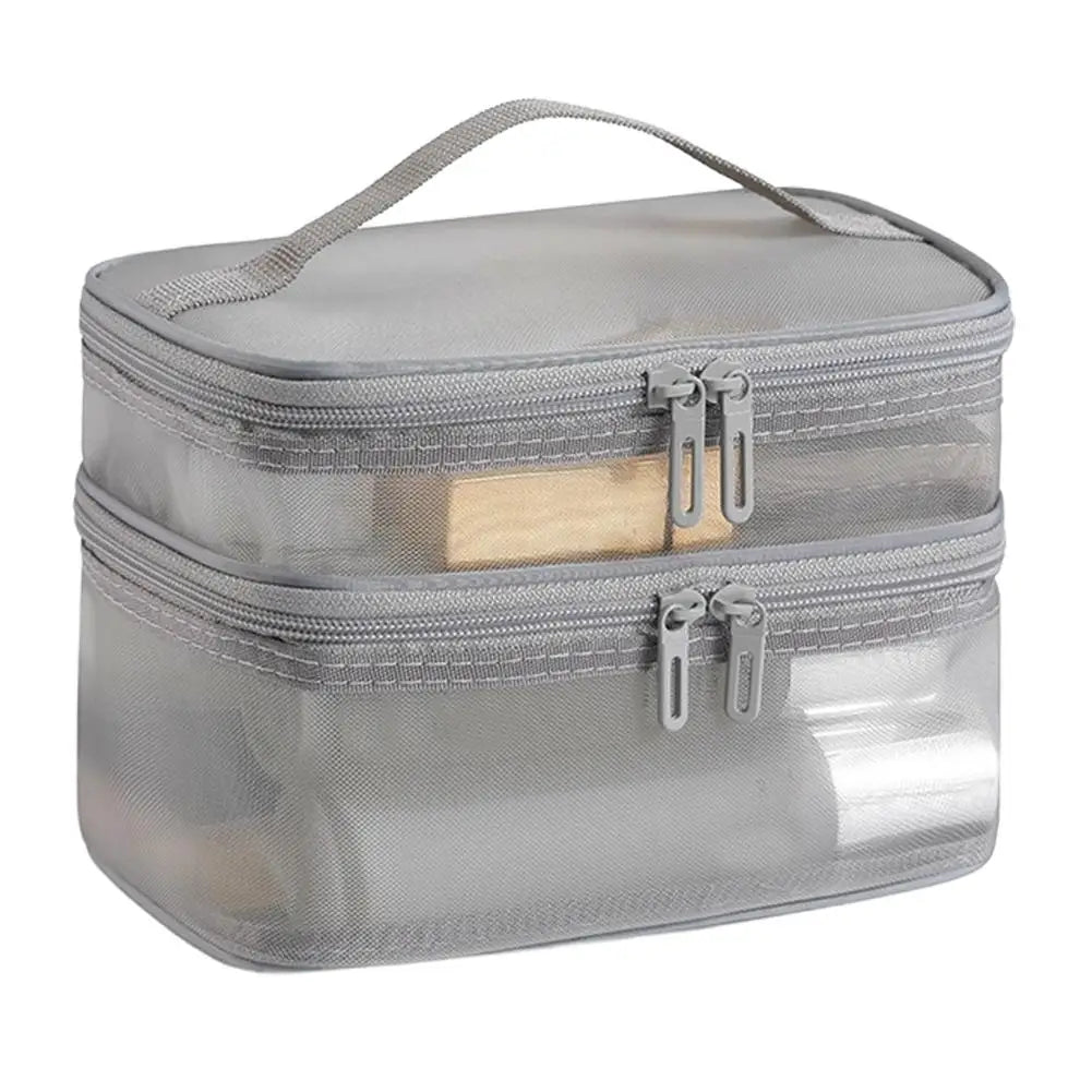 2-Layer Mesh Travel Cosmetic Organizer Bag | Foldable Makeup Pouch Travel Cosmetic Bag QXL B