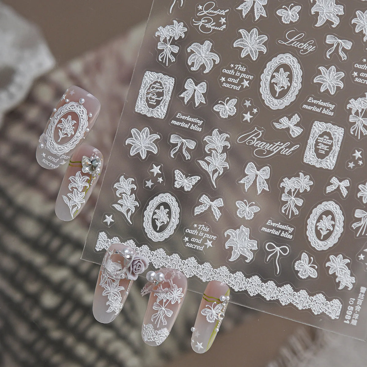 5D Nail Stickers – Lace Lily Flower Vintage French Decals Nail Art Stickers QXL