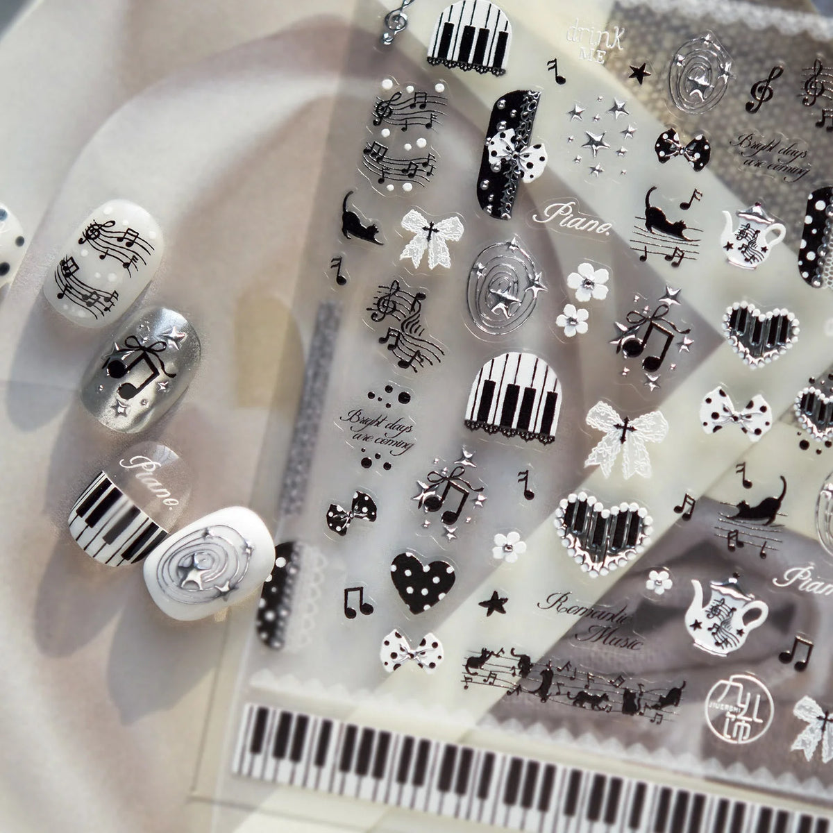 5D Piano Nail Stickers – Retro Music Note & Lace Decals Nail Art Stickers QXL