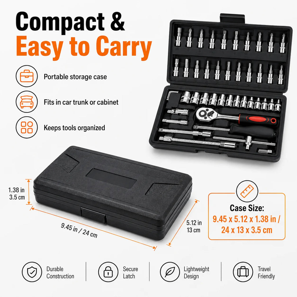 46-Pc 1/4" Drive Socket Wrench Set | Metric Ratchet Kit Socket Wrench Set QXL