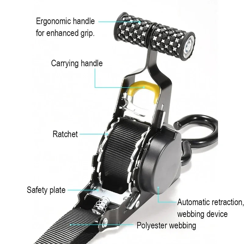 Retractable Auto Ratchet Strap 680KG | Motorcycle Tie-Down Ratchet Tie-Down Strap QXL