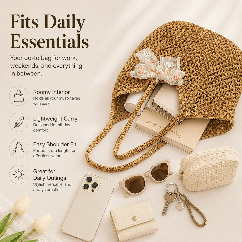Women's Crochet Tote Bag | Lace Bow Woven Beach Shoulder Bag Crochet Shoulder Tote QXL