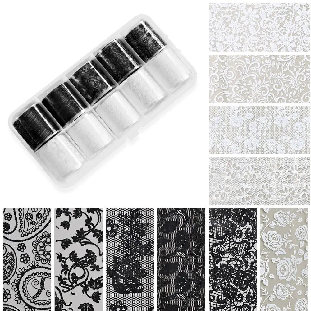 Self-Adhesive Lace Nail Foil Stickers | Black & White 10 Rolls Nail Foil Stickers QXL