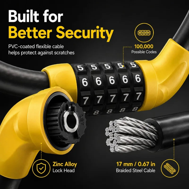 5-Digit Combination Bike Lock | 17mm PVC Cable Lock Combination Bike Lock QXL