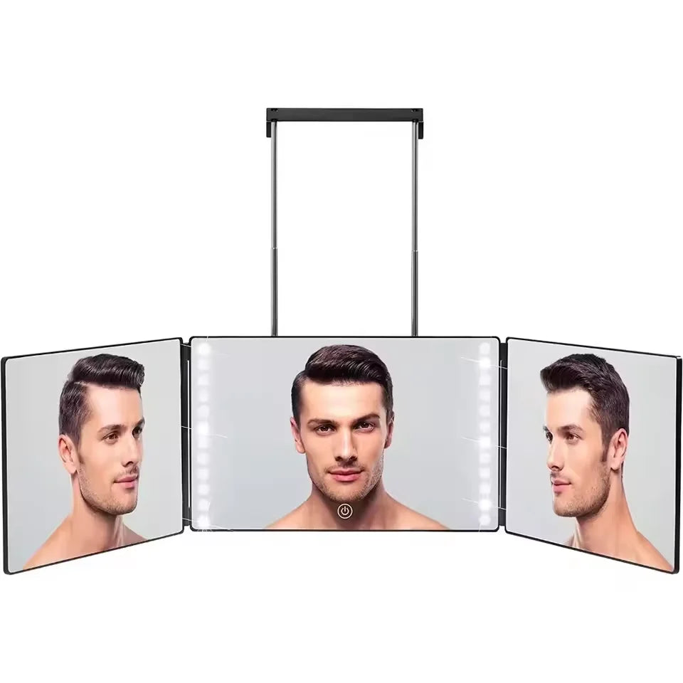 3-Way Trifold Makeup & Self-Haircut Mirror | HD Glass + Light Trifold Makeup Mirror QXL Black With LED