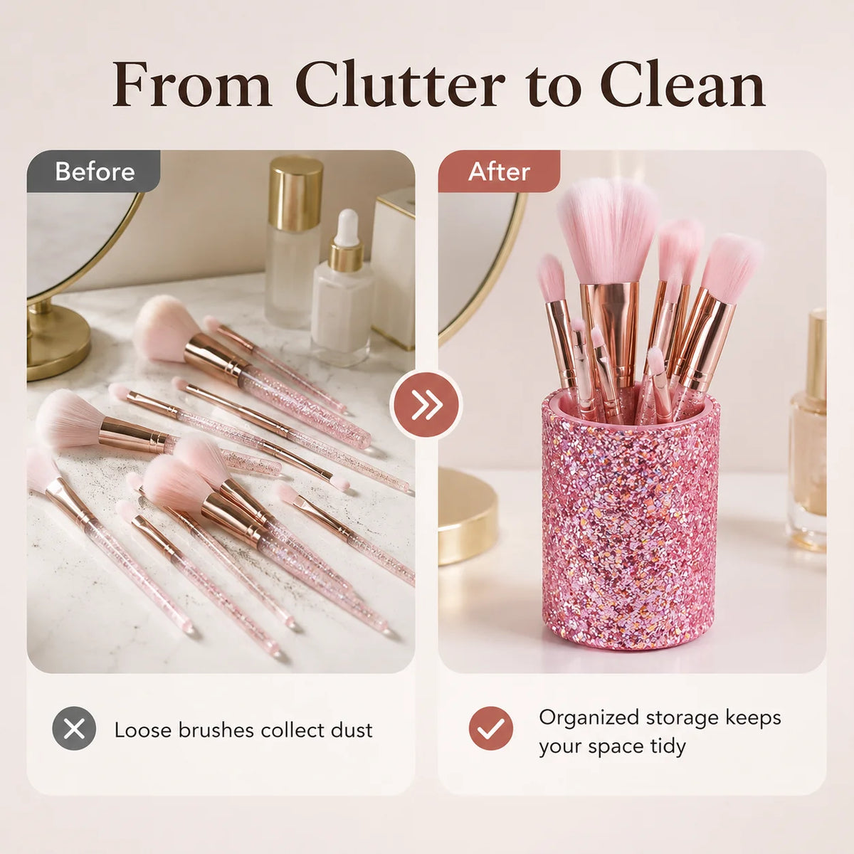 Glitter Makeup Brush Holder PU Organizer Cup | Pink & Black Makeup Brush Holder QXL