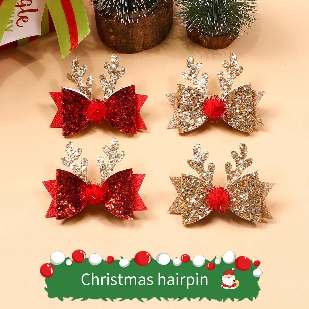 Girls Sequin Bow & Antler Hair Clips | Christmas Party Set Kids Hair Clips QXL