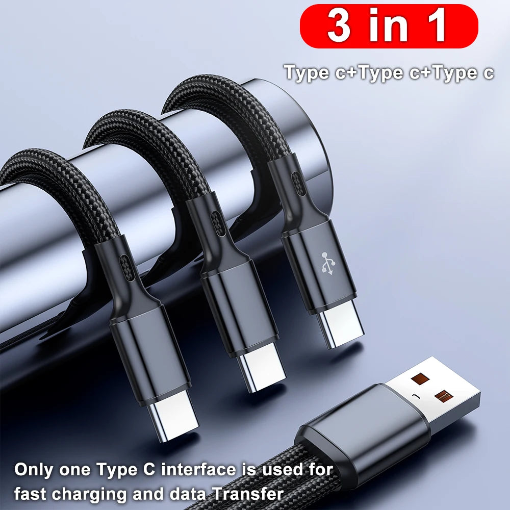 3-in-1 USB-A to USB-C Cable 100W 6A Fast Charging & Data Sync USB-C Charging Cable QXL