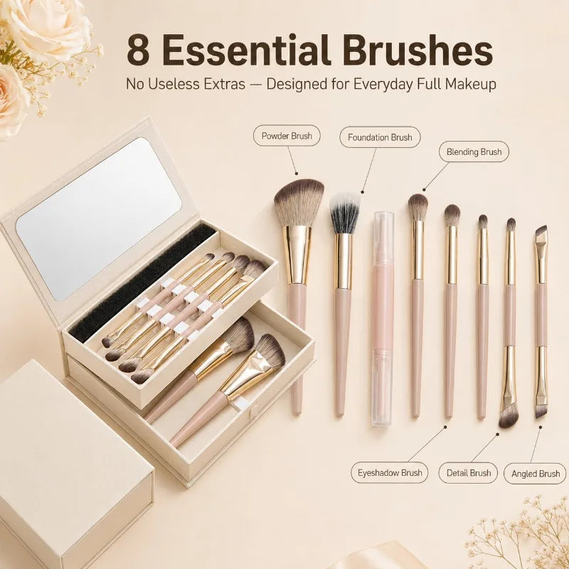 8-Piece Travel Makeup Brush Set with Mirror Storage Case Travel Makeup Brush Set QXL