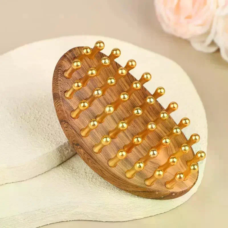 39-Tooth Brass Meridian Massage Brush | Wooden Handle Tool Meridian Massage Brush QXL