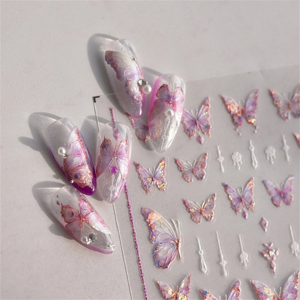 5D Laser Butterfly Nail Stickers | Kawaii Pink Blue Decals Nail Art Stickers QXL