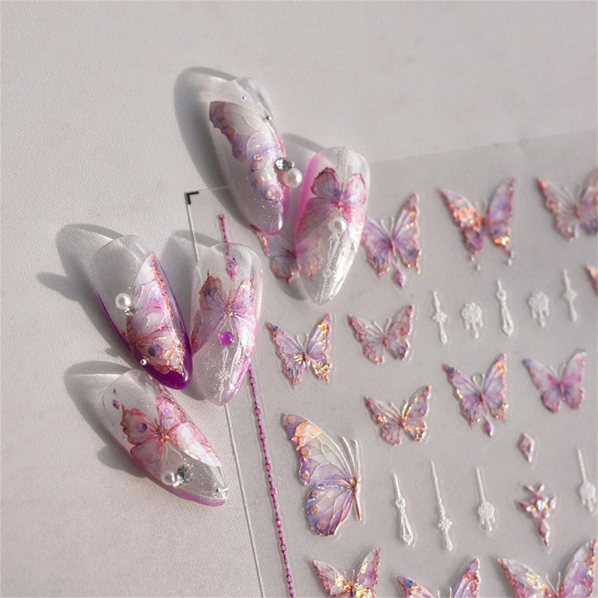5D Laser Butterfly Nail Stickers | Kawaii Pink Blue Decals Nail Art Stickers QXL