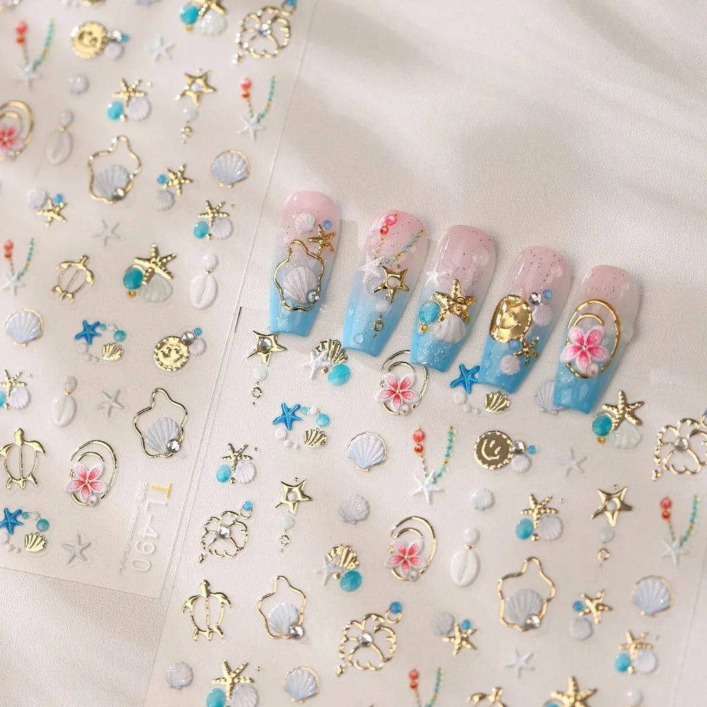 5D Tropical Beach Nail Decals – Seashell & Marine Stickers Nail Art Stickers QXL