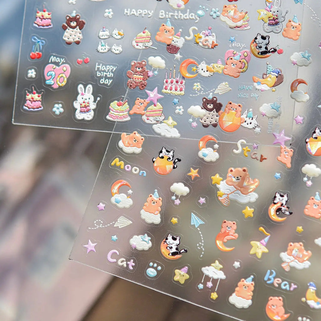 5D Cartoon Nail Stickers | Bear Panda Cat Moon Self-Adhesive Nail Art Stickers QXL