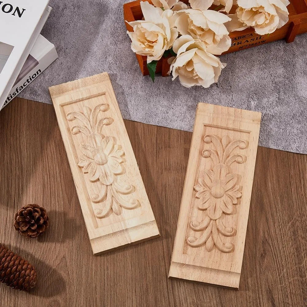 2-Pack Rectangle Wood Carved Applique | Floral Furniture Onlay Wood Carved Applique QXL
