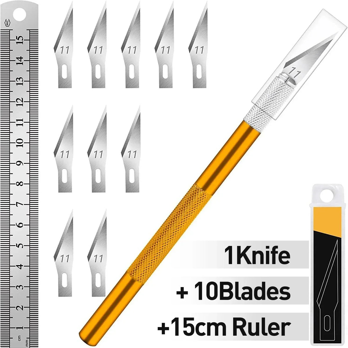 Craft Knife Set – 10 Steel Blades & 15cm Ruler | DIY Cutting Craft Knife Set QXL M331 Yellow