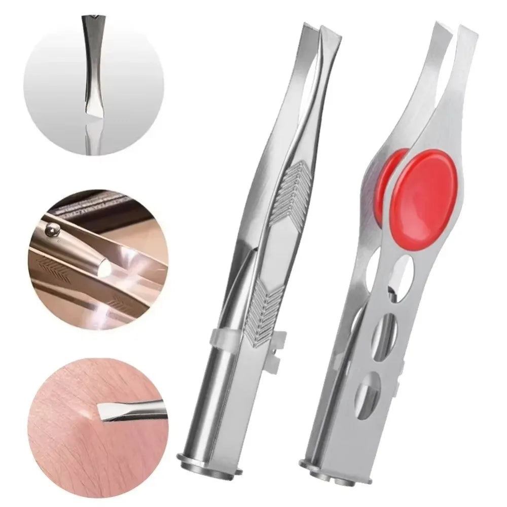 LED Eyebrow Tweezers | Stainless Steel Slanted Tip with Light LED Eyebrow Tweezers QXL