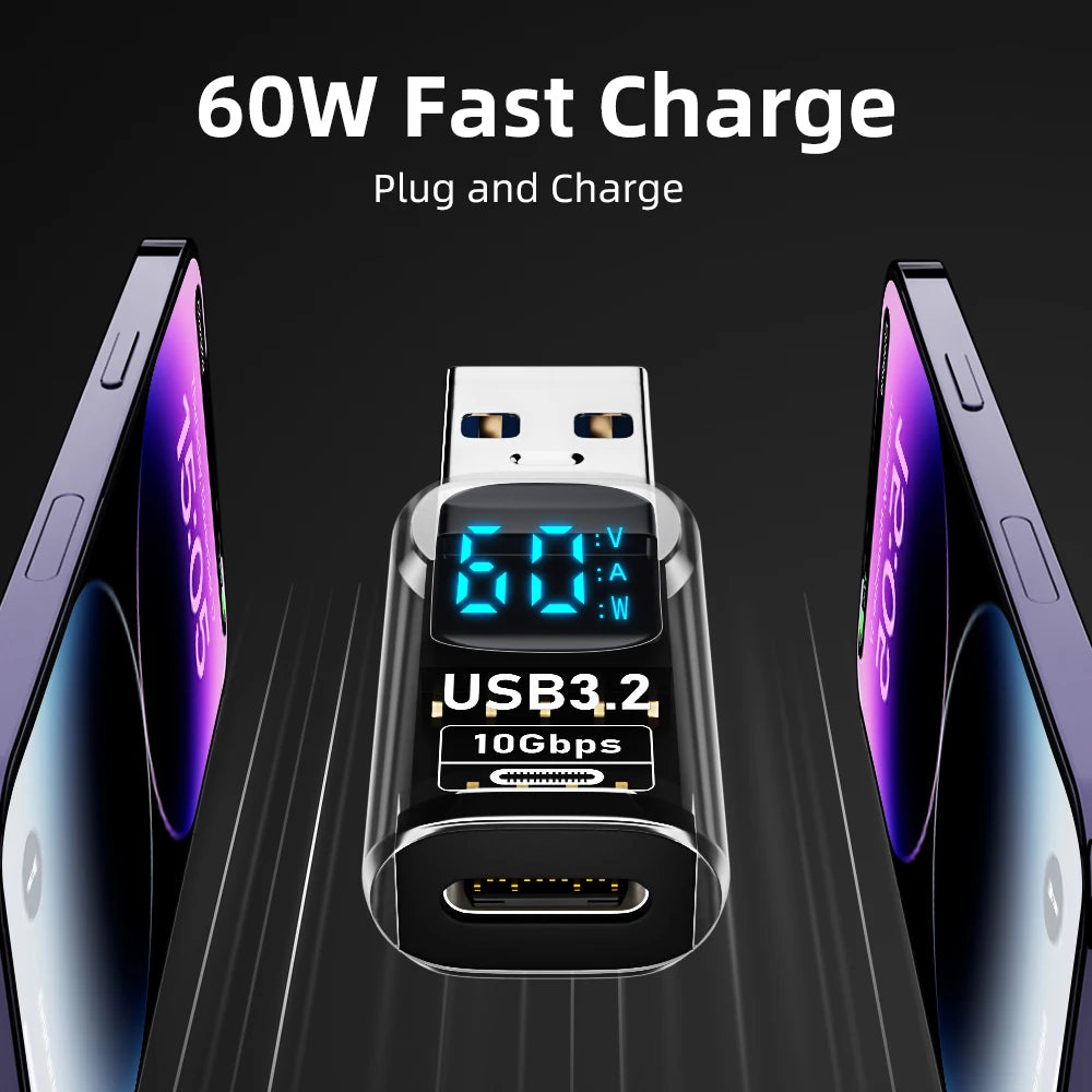 USB-A to USB-C Adapter 10Gbps 60W Fast Charge LED Display USB Adapter QXL