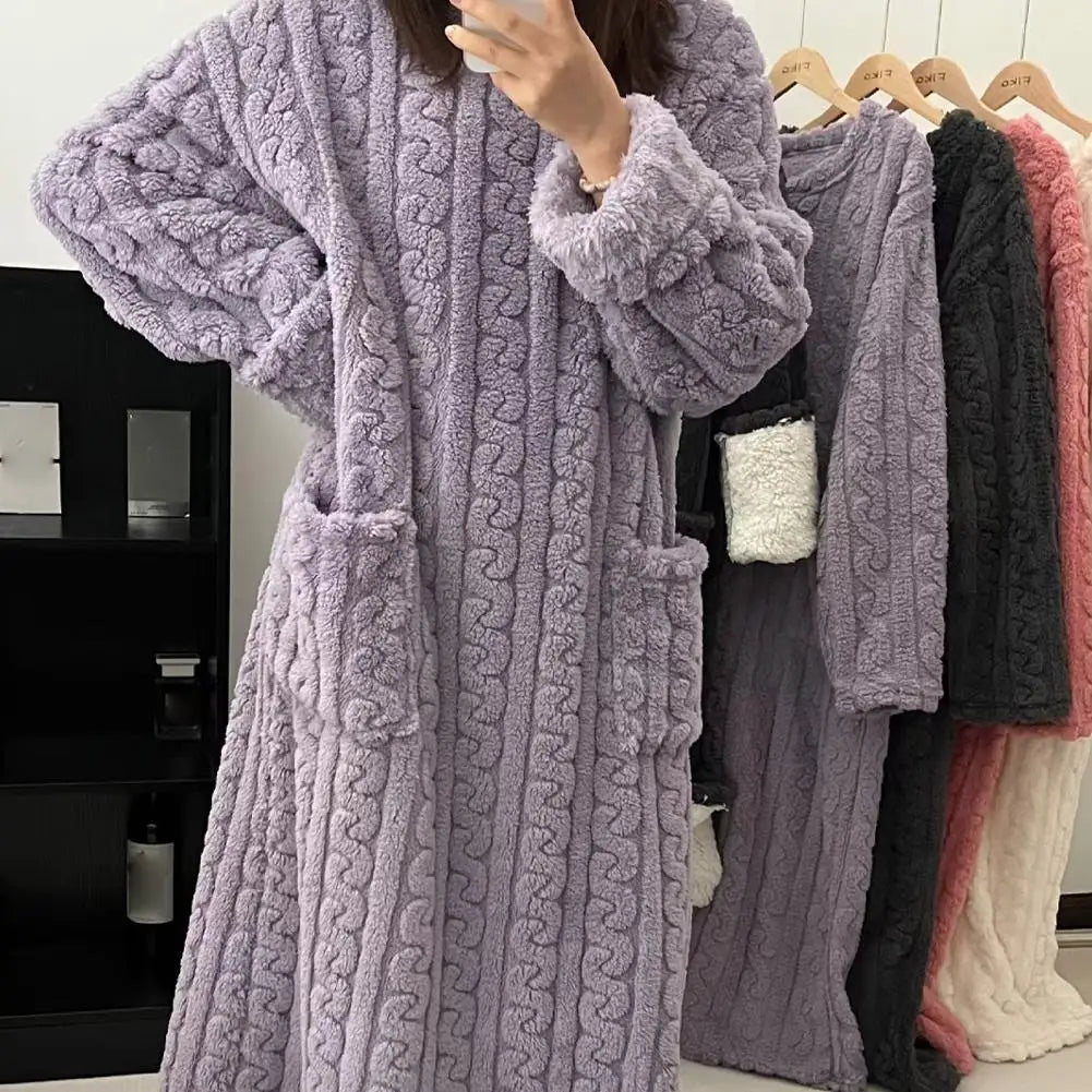 Women's Coral Fleece Nightgown | Long Sleeve Flannel Sleepwear Fleece Nightgown QXL
