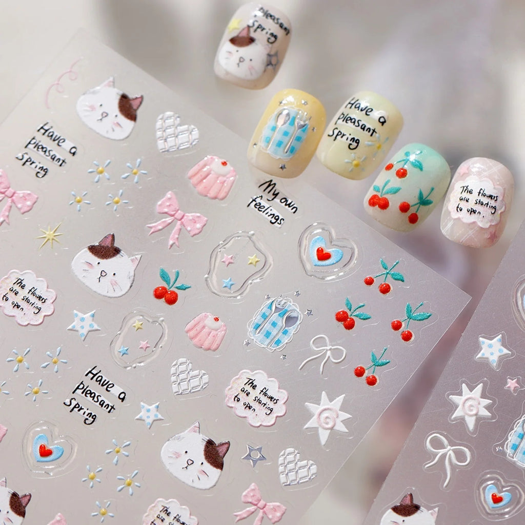 5D Kawaii Cat & Cherry Embossed Nail Stickers | Self-Adhesive Nail Art Stickers QXL
