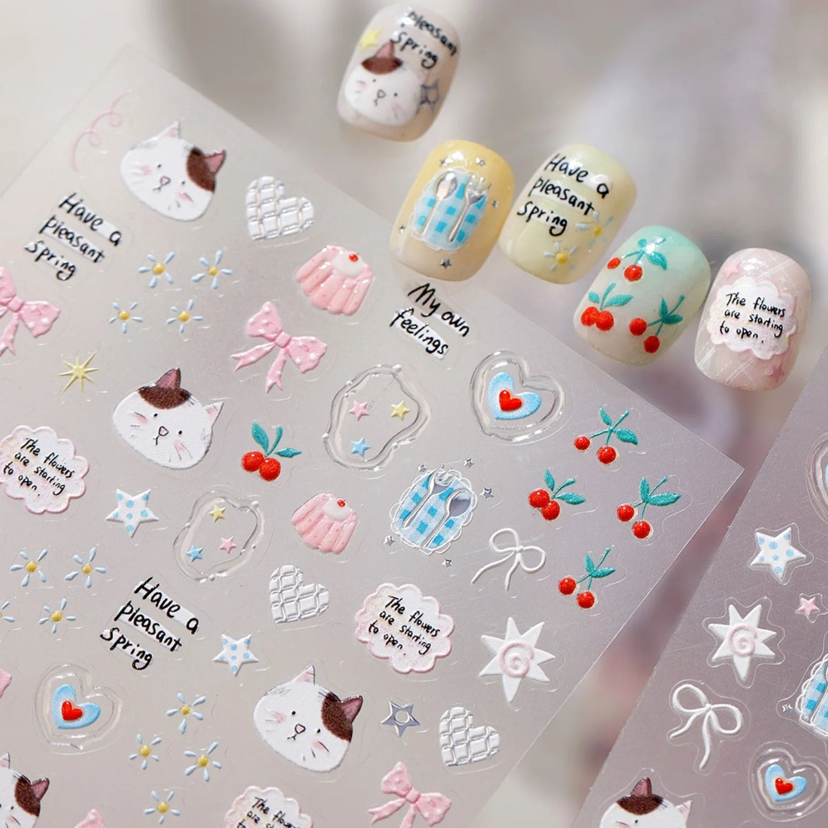 5D Kawaii Cat & Cherry Embossed Nail Stickers | Self-Adhesive Nail Art Stickers QXL