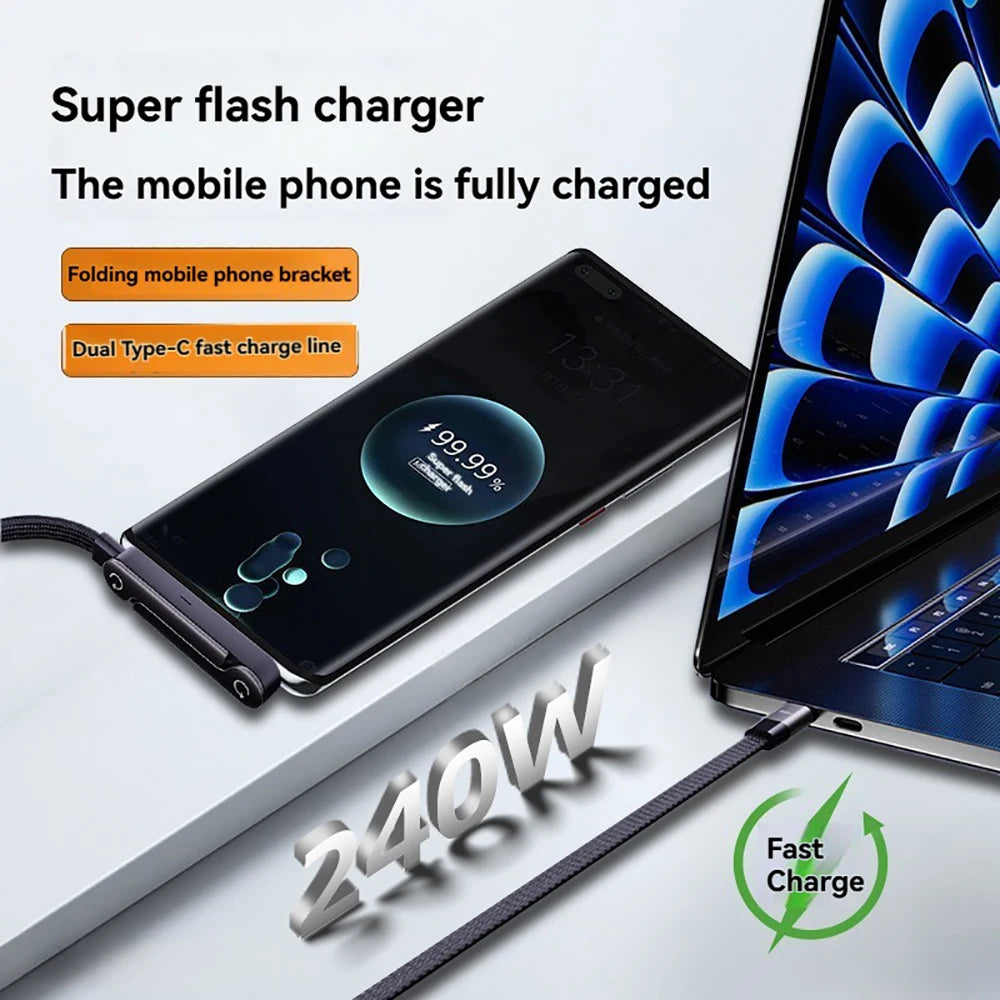 2-in-1 USB-C 240W Fast Charging Cable & Foldable Stand USB-C Charging Cable QXL