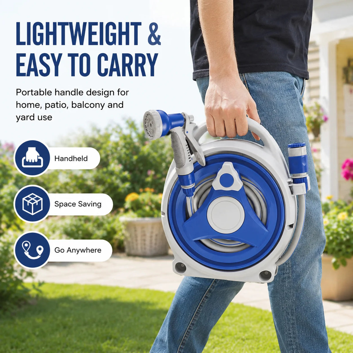 Portable Garden Hose Reel 15m | UV Resistant + Spray Nozzle Garden Hose Reel QXL