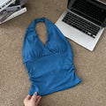 Women's Halter V-Neck Cami Top with Built-In Bra Pads Halter Cami Top QXL 2783Blue One Size