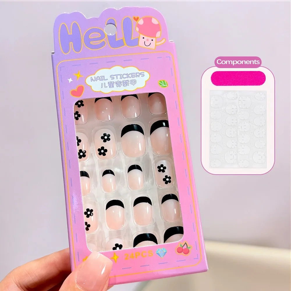 24-Pack Kids Press On Nails | Black Flower French Tip Almond Press-On Nail Set QXL Style-A