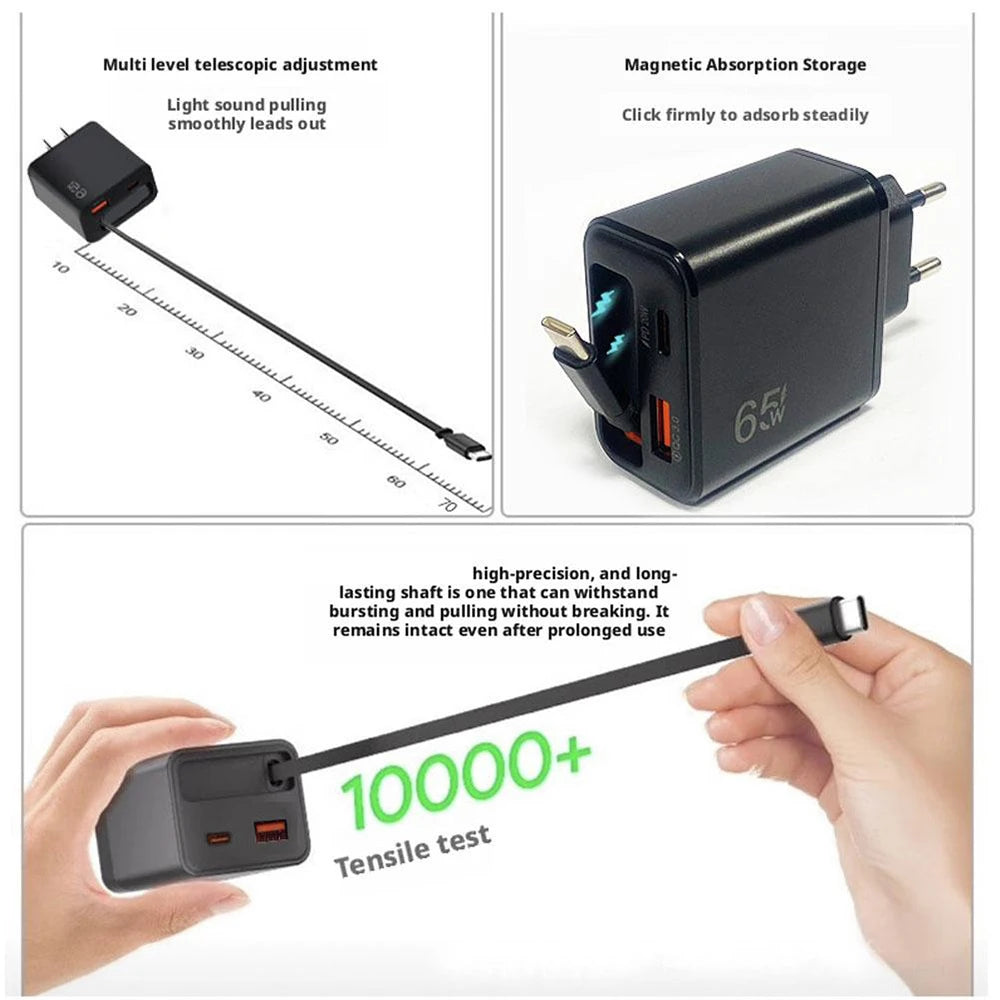 65W USB Fast Charger with Retractable Type-C Cable | PD 20W USB Wall Charger QXL