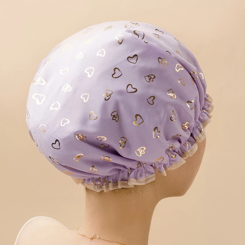 Double Layer Waterproof Shower Cap | PEVA Elastic Hair Cover Shower Cap QXL Purple