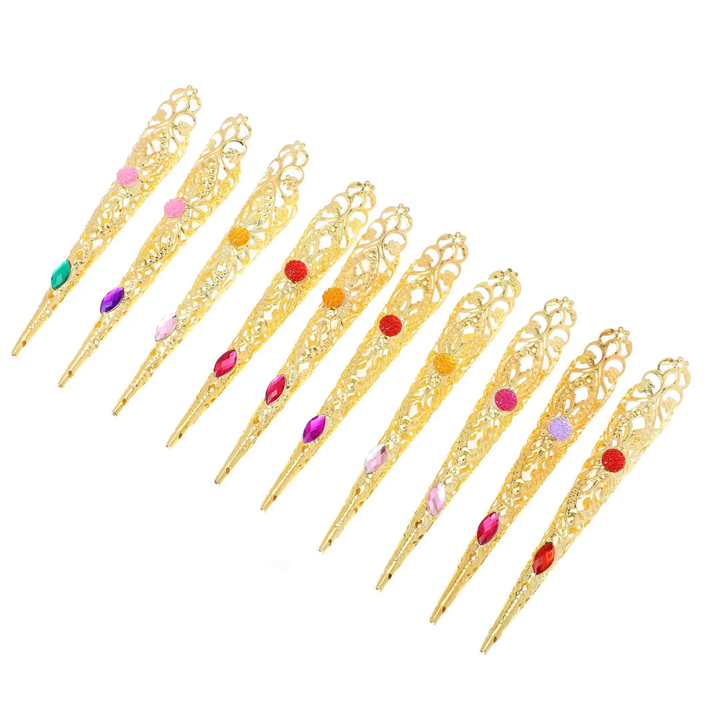 10-Pack Gold Rhinestone Fingertip Nail Rings | Cosplay Dance Costume Nail Rings QXL