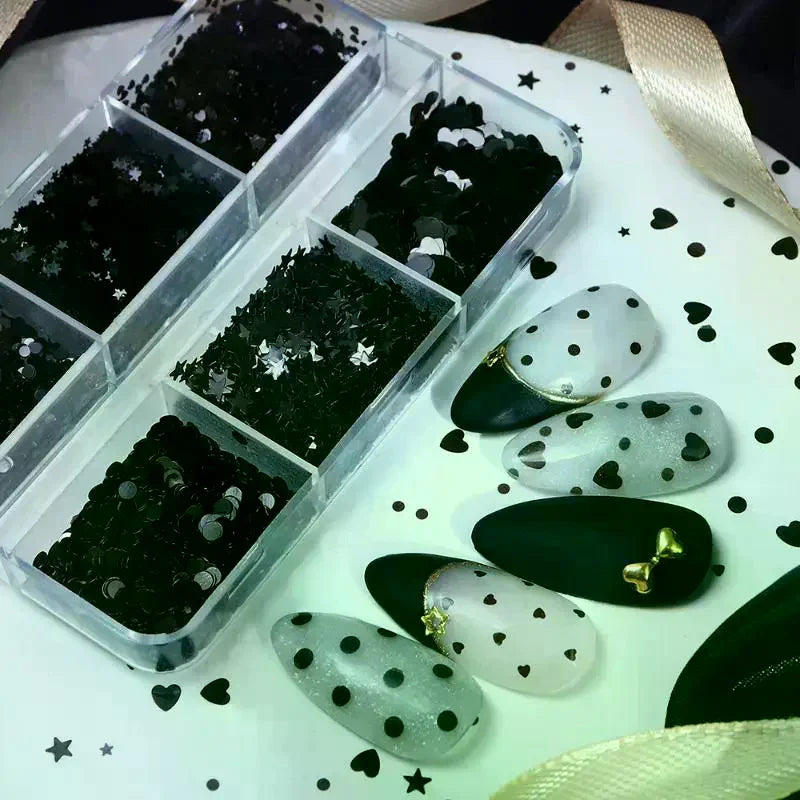6-Grid Black Nail Art Glitter Sequins – Star Heart Circle Nail Art Sequins QXL