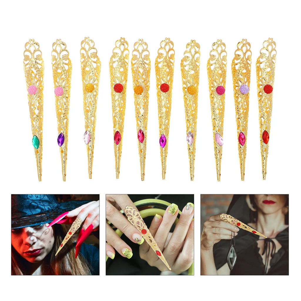 10-Pack Gold Rhinestone Fingertip Nail Rings | Cosplay Dance Costume Nail Rings QXL