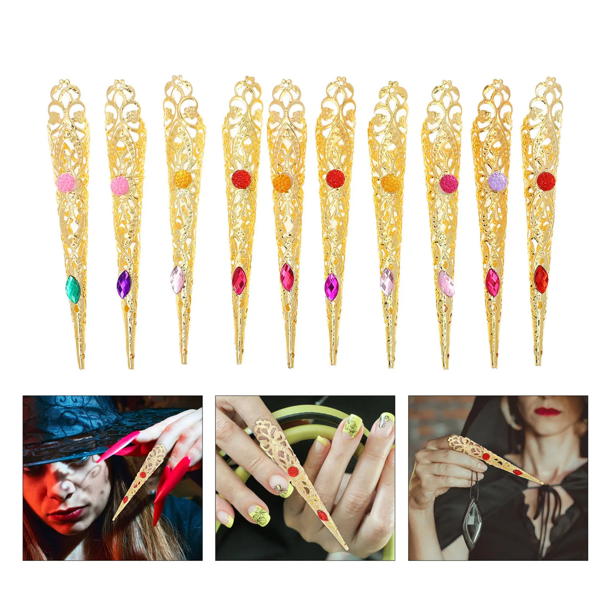 10-Pack Gold Rhinestone Fingertip Nail Rings | Cosplay Dance Costume Nail Rings QXL