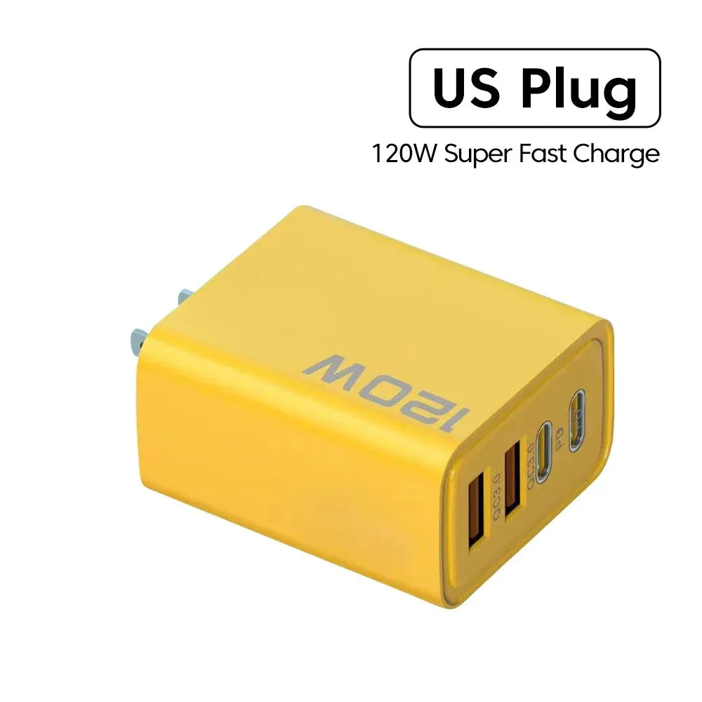 120W 4-Port USB-C PD & QC 3.0 Fast Wall Charger Adapter Wall Charger Adapter QXL Yellow US Plug YELLOW