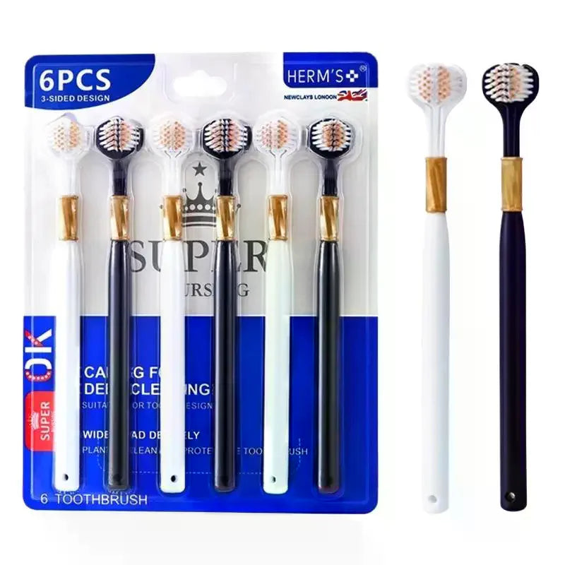 6-Pack 3-Sided Manual Toothbrush | Soft Bristles Family Set Manual Toothbrush QXL