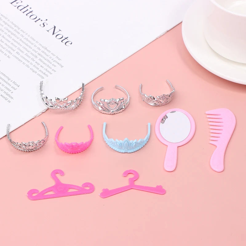 10-Pc Dollhouse Princess Jewelry Set – Crown, Necklace & Bracelet Doll Jewelry Set QXL