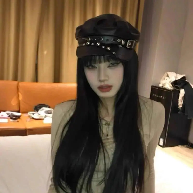 Vintage Rivet Leather Beret | Y2K Gothic Lolita Newsboy Cap Faux Leather Beret QXL