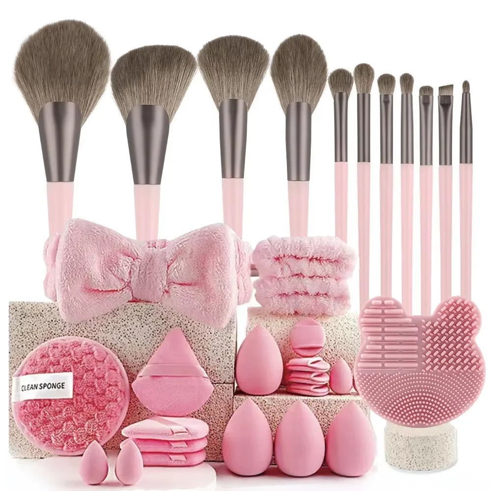 Pink Makeup Brush & Sponge Set | 21-32 Pc Gift Kit Makeup Brush Set QXL 32pcs pink