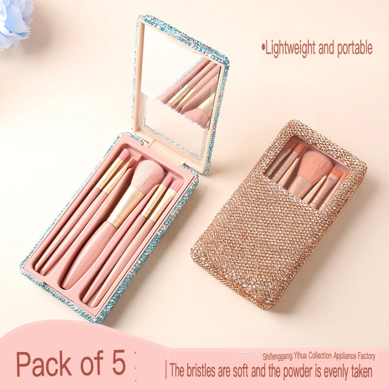 Diamond Mini Makeup Brush Travel Set with Mirror – 6 Pcs Makeup Brush Set QXL