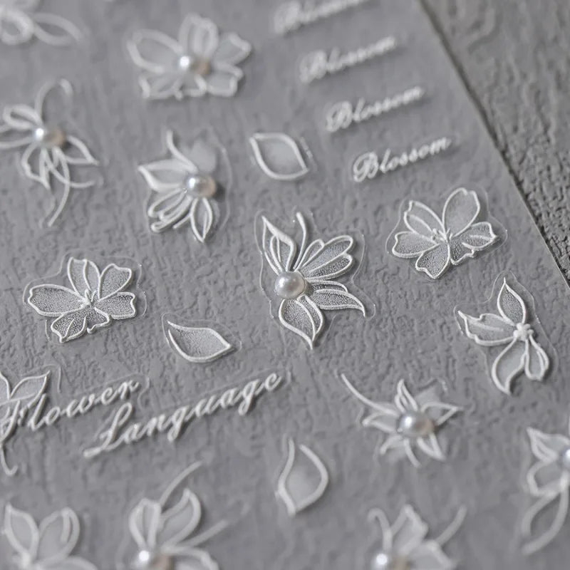 White Lace Pearl Nail Stickers | French Floral Decals 1 Sheet Nail Art Stickers QXL