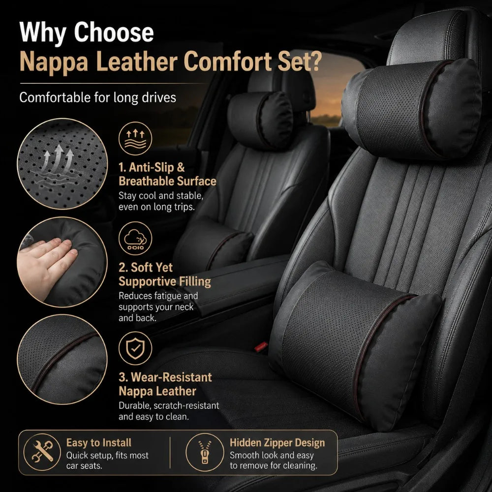 Nappa Leather Car Neck Pillow & Lumbar Cushion | 1 or 2 Pack Car Seat Cushion QXL